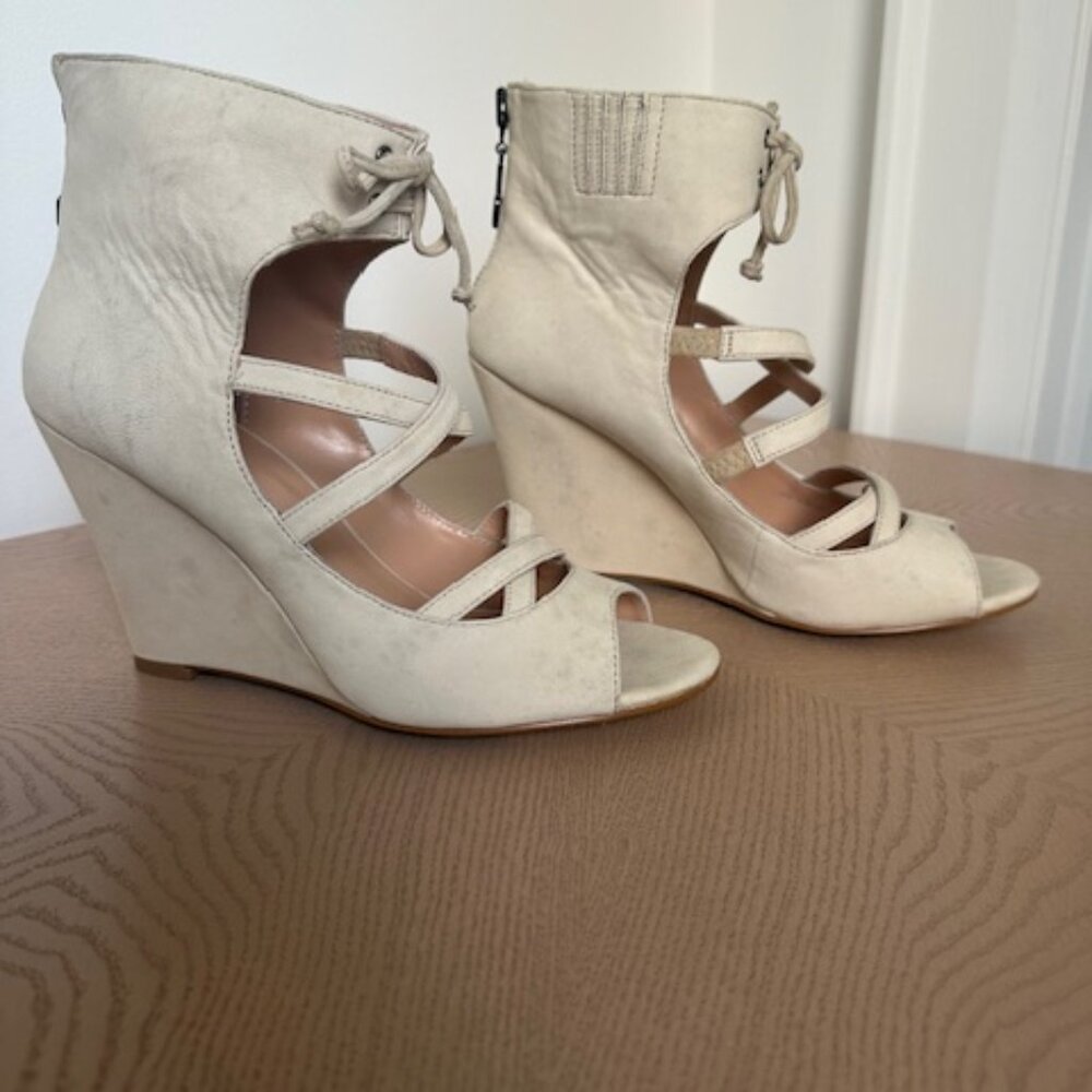 Amaya Wedge Heel, Ivory, Suede, Strappy, with Zipper, Size 7